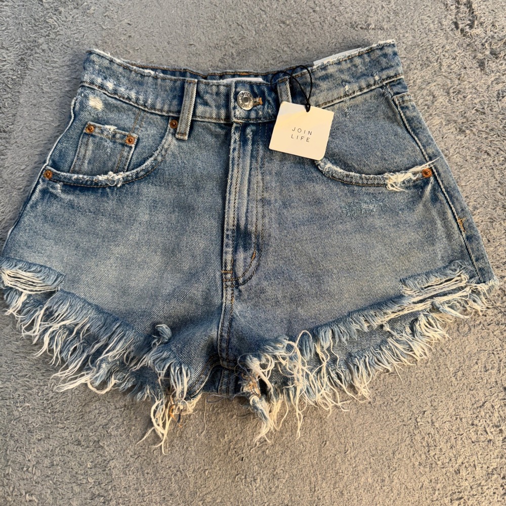Zara Womens Hi-Rise A-Line Distressed Denim Shorts 2 Light Blue Frayed Hem New
